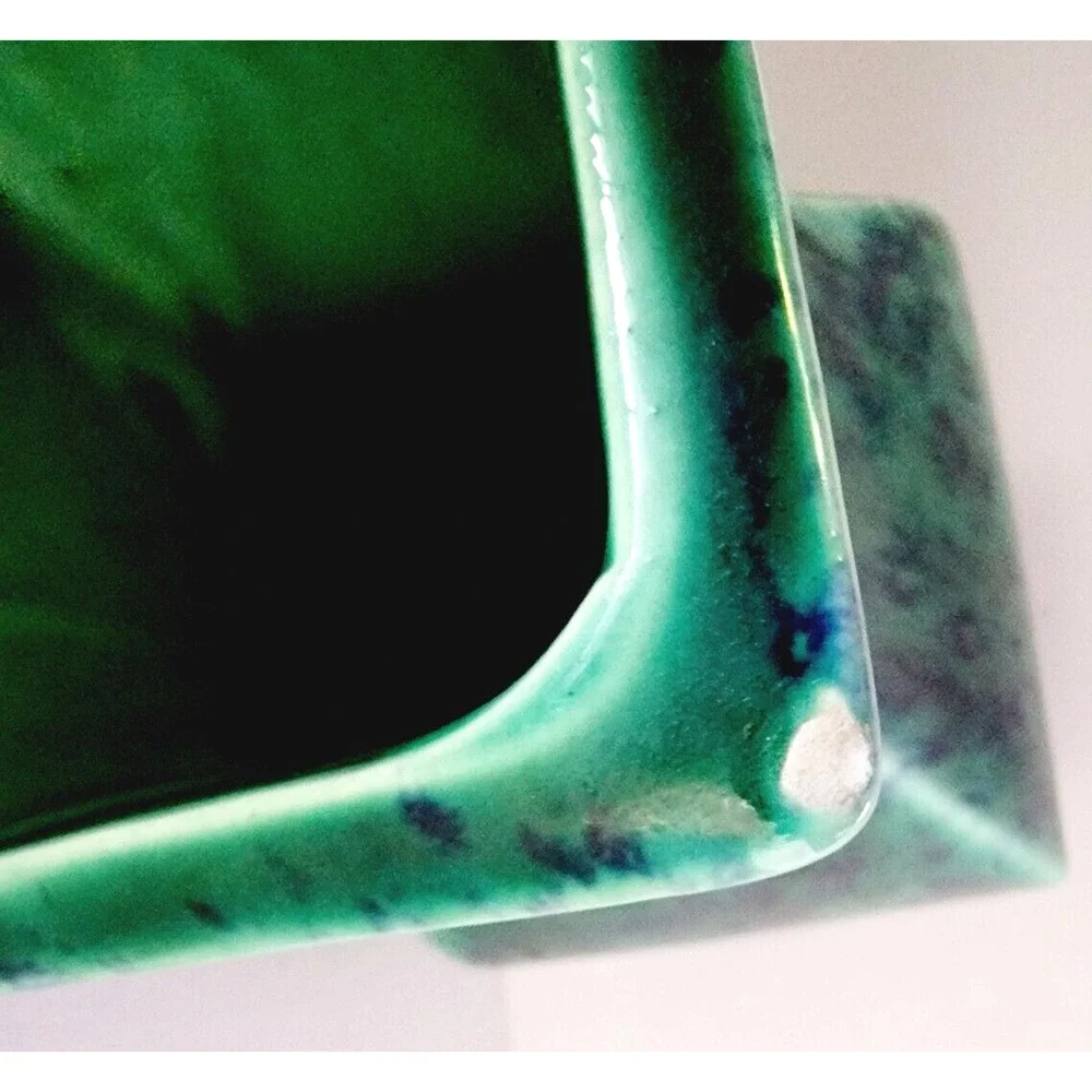 Vintage Haeger Green Blue Floral Square Vase 11” Art Pottery